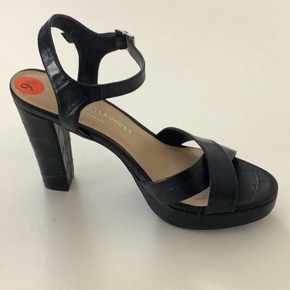 Chinese Laundry Black Platform Ankle Strap Sandals 4” Heel Patchwork Design. New